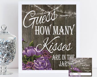 Guess How Many Kisses, Bridal Shower Game, Rustic Wedding Shower Games, Floral Party Game, Candy Guessing Game Printable, Instant Download