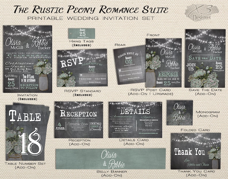Mason Jar Wedding Invitation Printable Rustic Chalkboard Wedding Invitation Spring Country Wedding Invite Mint Green Peony String Lights