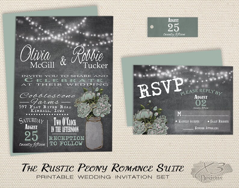 Mason Jar Wedding Invitation Printable Rustic Chalkboard Wedding Invitation Spring Country Wedding Invite Mint Green Peony String Lights