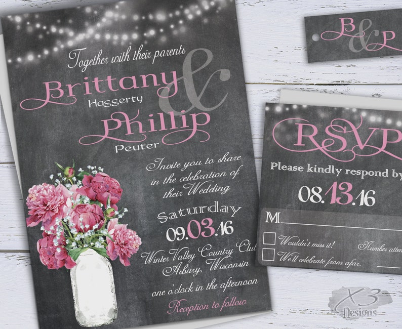 Rustic Wedding Invitation Printable Diy Country Invitations Chalkboard Invites Pink Peonies Baby S Breath In Mason Jar