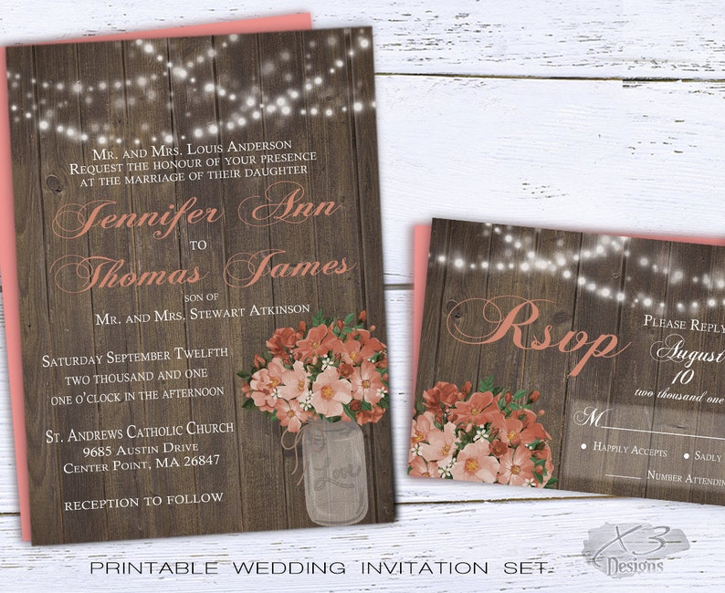 Rustic Mason Jar Wedding Invitations Diy Country Invites Printable Invite Barn String Lights C Pink Roses