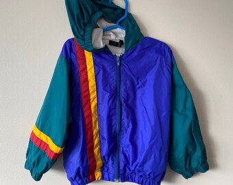 00s Era Vintage Color Blocked Multi-Color Hooded Windbreaker Zip Up Jacket, Unisex Kids/Children 3x, Retro Spring/Fall Jacket, Streetwear