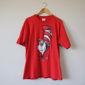 1997 Vintage Dr. Seuss Cat in the Hat Graphic Tee T-Shirt, Unisex Adult, Seuss Wear, Red Cotton T-Shirt, Animated Cartoon Character