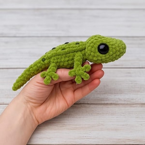 Peut inclure: Un lézard vert crocheté à la main, avec des yeux noirs et de petits points noirs sur le dos. Le lézard a quatre petits pieds et une longue queue. Le jouet en peluche est tenu dans une main sur un fond en bois clair.