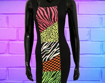 Sporty fitted dress with neon rainbow animal print