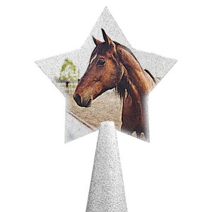 Peut inclure: Un sommet d'arbre en forme d'étoile argentée à paillettes avec une photo d'un cheval brun à l'intérieur. L'étoile est fixée à un cône argenté à paillettes.