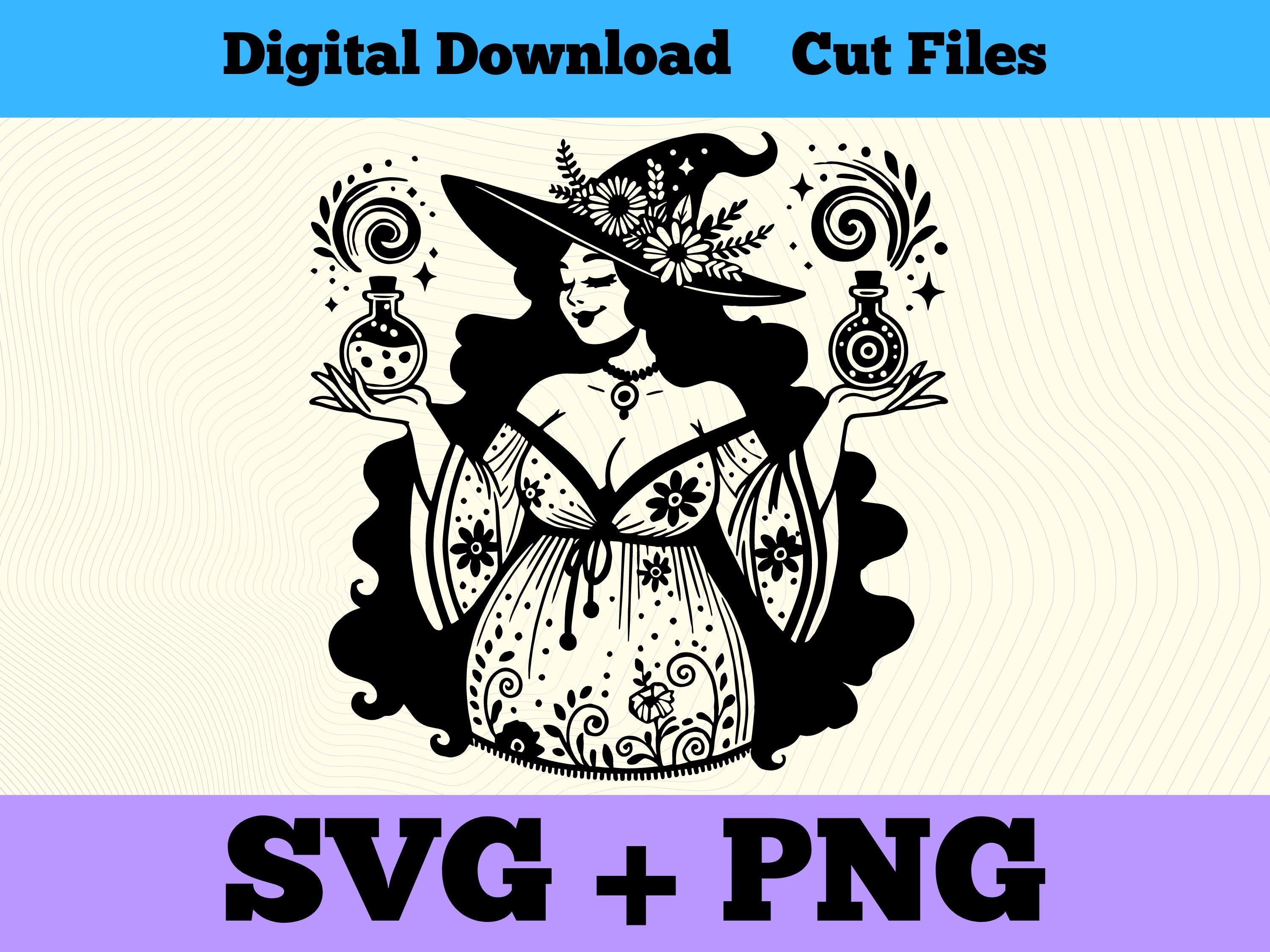 Hippie Witch Holding Potion Bottles SVG PNG, Cut File Halloween Decal ...