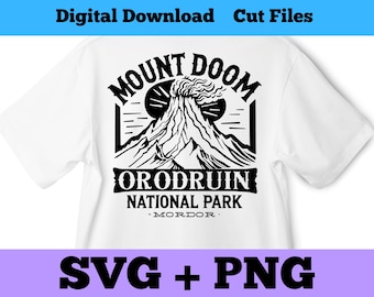 May include: Black and white graphic design of Mount Doom, also known as Orodruin, a volcano from the Lord of the Rings. The text reads "Mount Doom Orodruin National Park - Mordor - ".