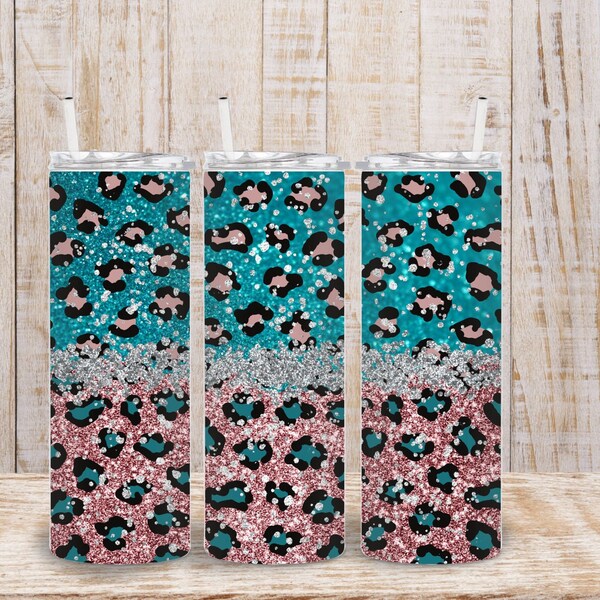 Leopard Rose Gold Turquoise Glitter - 20oz Skinny Tumbler Design - Rose Gold & Turquoise Tumbler PNG -  Cheetah Glitter Tumbler PNG