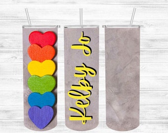 Rainbow Hearts Skinny Tumbler PNG for Sublimation, 20 oz skinny tumbler digital download. Add a Name Tumbler Image. LBGT Tumbler PNG