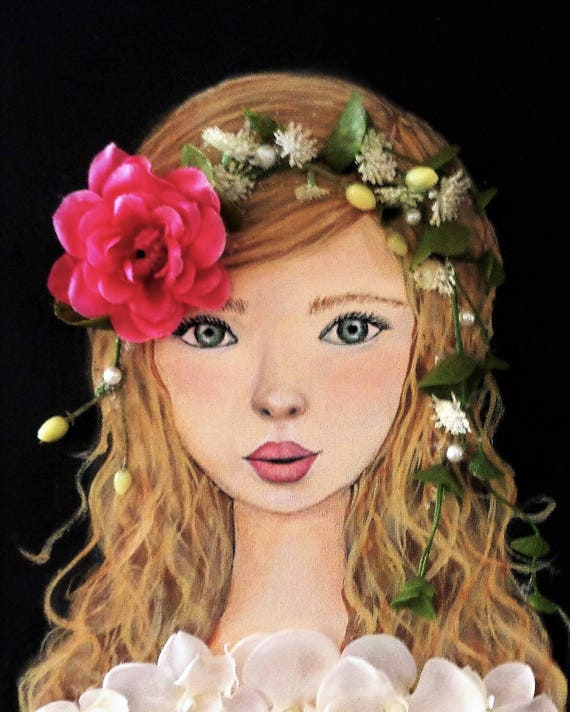 Girl Portrait Acrylic Painting Pink Flower Mixed Media Blonde Etsy