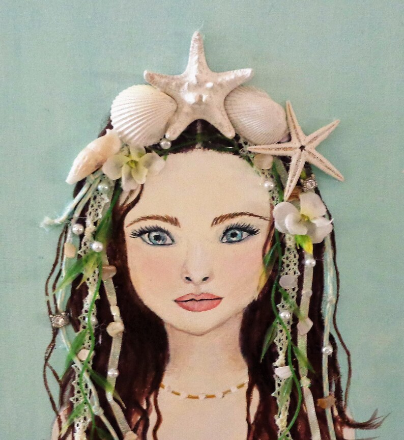 Mermaid Wall Hanging Mixed Media Seashell Art Mermaid Painting Etsy