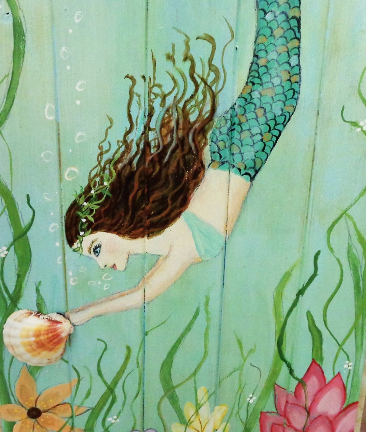 Mermaid Art Beach Painting Mermaid Bathroom Wood Coastal Etsy