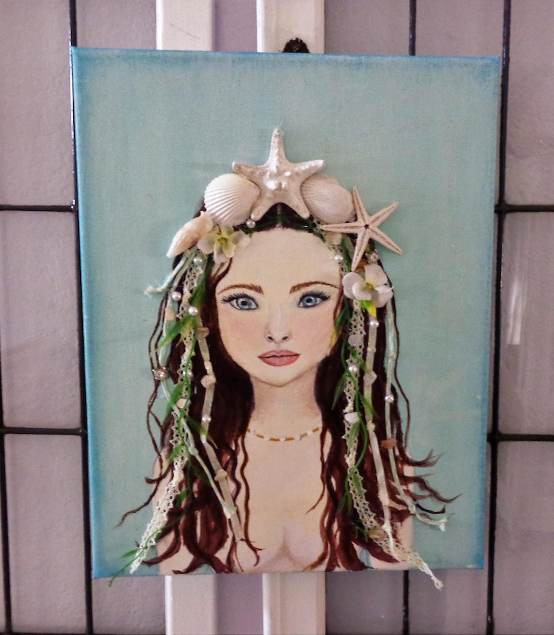 Mermaid Wall Hanging Mixed Media Seashell Art Mermaid Painting Etsy