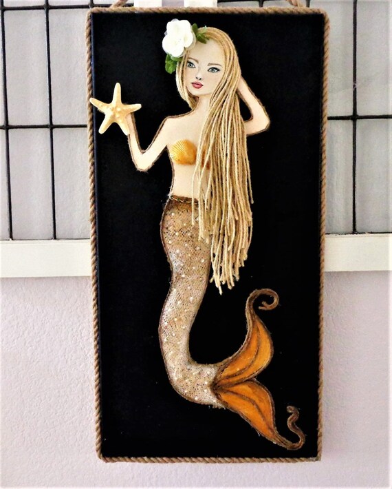 Mermaid wall Hanging Beach Decor Coastal Art Mixed Media Etsy