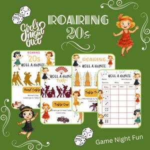 May include: A green background with "Girls Night Out" and "Roaring 20s" text. The image features illustrations of flapper girls, dice, and game cards for "Roll a Bunco." The cards include game instructions and a score sheet.