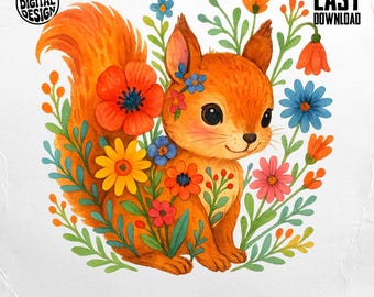 Floral Squirrel PNG, Cute Animal Clipart (Digital Download)
