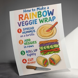 Recette de wrap végétarien arc-en-ciel en téléchargement numérique PNG, PDF, impression d'art d'aliments sains, recettes faciles pour les enfants, guide de recettes faciles, petit chef