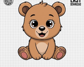May include: A cartoon illustration of a brown teddy bear with large, expressive eyes and a smiling mouth. The bear is sitting with its paws out, and the image includes the text "PNG DIGITAL DESIGN", "EASY DOWNLOAD", "COMMERCIAL USE PRINT FILES", and "INSTANT DOWNLOAD".