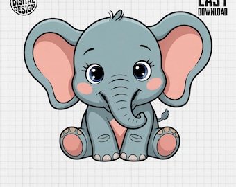 Cute Baby Elephant Clipart, Nursery Jungle Animals (PNG Digital Download)