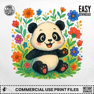 Panda PNG, Cute Panda Clipart, Floral Panda Png, Animal Png, Panda With Flowers, Sublimation Png, Digital Download