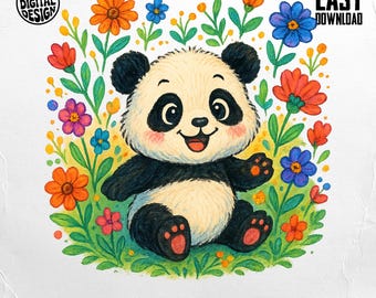 Floral Panda PNG Clipart, Sublimation Design (Digital Download)