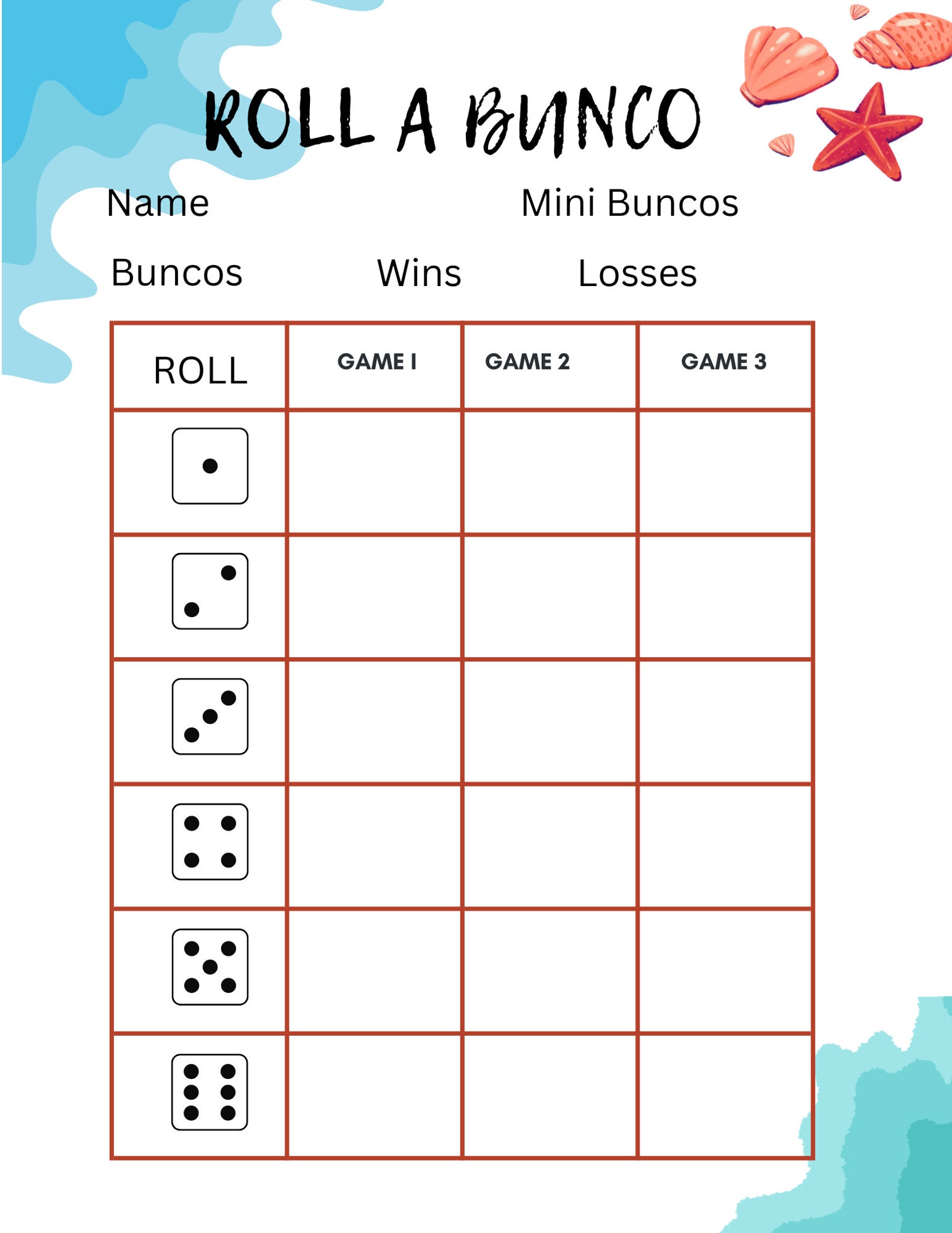 Bunco Score Card, Foldable Table Tent Cards, Summer Theme Bunco ...