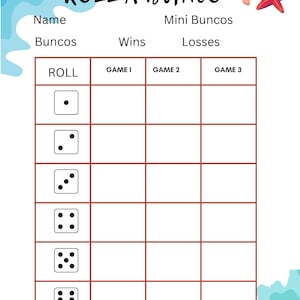 Cartão de pontuação Bunco, cartões de mesa dobráveis, Bunco com tema de verão, jogo Bunco para impressão, folha de pontuação Bunco, cartão de pontuação para impressão Bunco