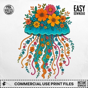 Floral Jellyfish PNG, Ocean PNG, Flower Jellyfish Clipart, Sea Life PNG, T-Shirt Design, Digital Download