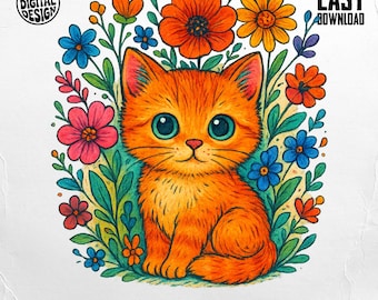 Orange Kitten PNG, Floral Cat Clipart (Digital Download)