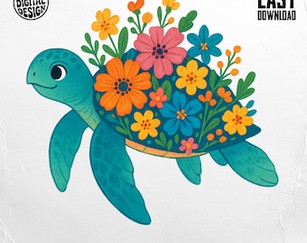 Floral Turtle PNG: Sublimation Design, Beach Theme (Digital Download)