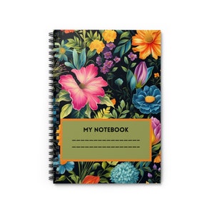 May include: A spiral bound notebook with a floral design on the cover. The cover features a variety of colourful flowers, including pink, blue, yellow, and orange, on a black background. The text "MY NOTEBOOK" is printed in white on a green rectangle with an orange border.