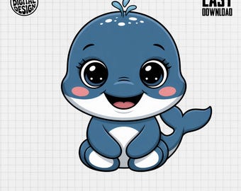 Cute Baby Whale Clipart, Nursery Decor (PNG Digital Download)
