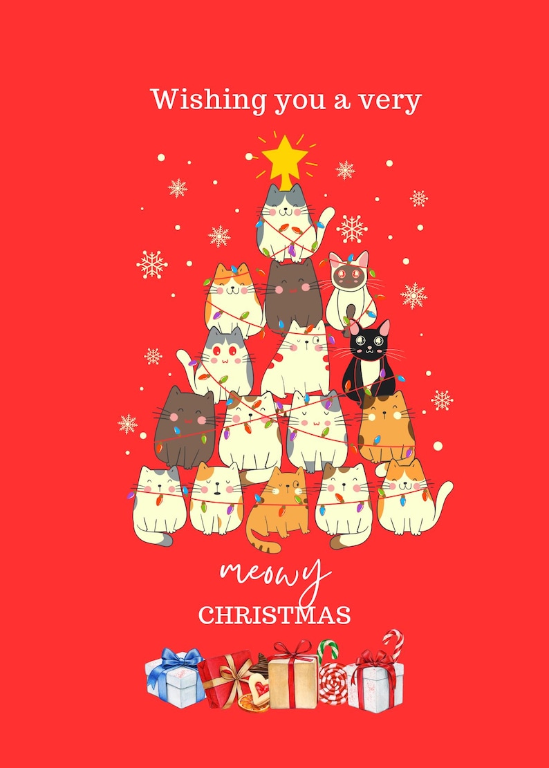 Cute Cat Christmas Cards | Whimsical Holiday Greeting (PDF) - Etsy ...