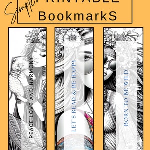 May include: Printable bookmarks featuring black and white illustrations of women with floral headpieces and sunglasses. One bookmark shows a woman holding a cat. Text includes "Peace Love and Harmony", "Let's Read & Be Happy", and "Born to be Wild". The background is orange.