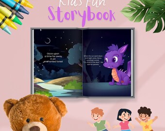 Puede incluir: Un libro abierto con una ilustración de un dragón morado en la página derecha y una escena nocturna con un río en la página izquierda. El libro tiene el título "Kids Fun Storybook" en la portada. Hay tres niños corriendo hacia el libro y un oso de peluche marrón en primer plano.