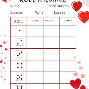 Tarjeta de puntuación de Bunco para el día de San Valentín/Tarjetas plegables para 4 mesas/Bunco/Juego de Bunco imprimible/Hoja de puntuación de Bunco/Bunco imprimible