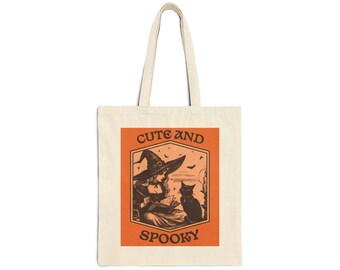 Witch & Black Cat Halloween Cotton Canvas Tote Bag