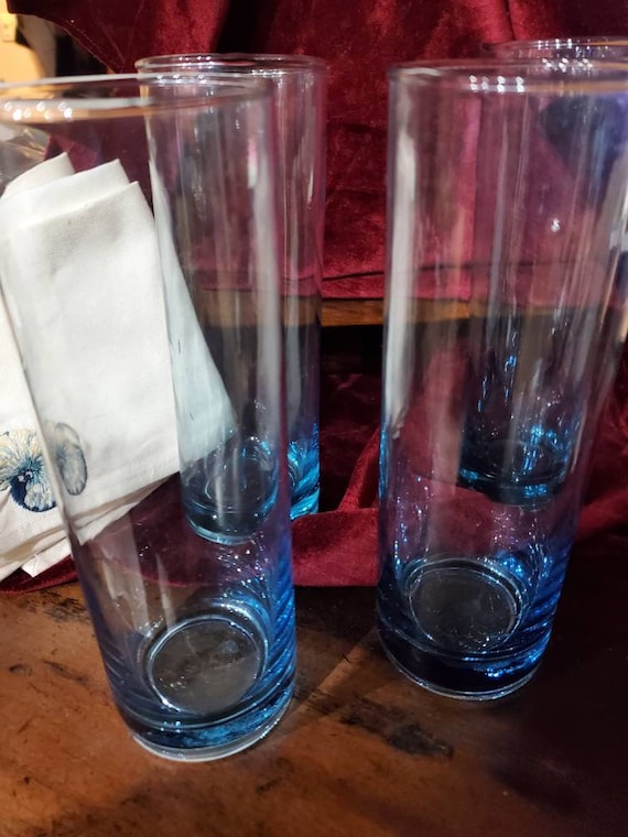 Vintage Handblown Blue Glass Tall Drinking Glasses Set of 4 