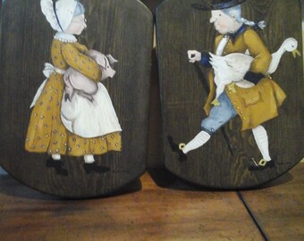 Colonial Husband Wife Farmers Plaques (Set Of 2) Prim Primitive Americana