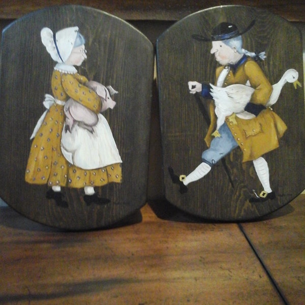 Colonial Husband Wife Farmers Plaques (Set Of 2) Prim Primitive Americana