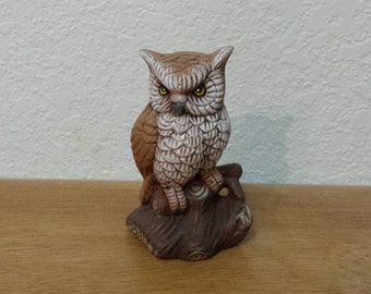 Ceramic Small Horned Owl on a chunk of wood(#754)