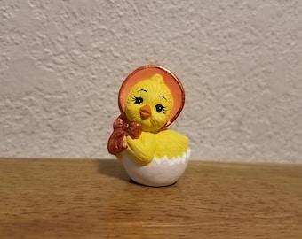 Ceramic Tiny Chick in Egg with Peach Colored bonnet (#1196)