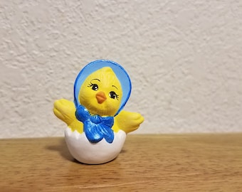 Ceramic Tiny Chick in egg with blur colored Bonnet (#1197)