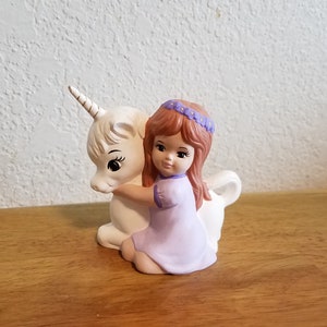 Unicorn with girl in lavender dress - small-Unicorn has a little bit of glitter in the folds of th mane and tail(#1198)