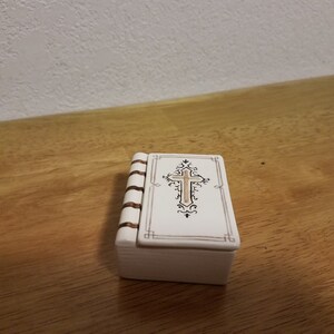 Ceramic Glazed Book with Cross Ring Box(#420) - Hand painted raised and indented design