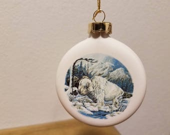 Ceramic White Buffalo decal fired on Clear Glazed Ornament (#939)