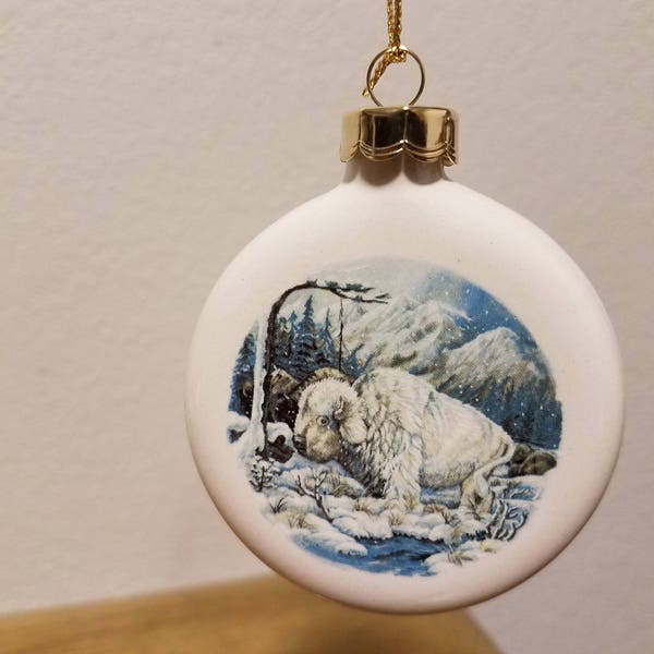 Ceramic White Buffalo decal fired on Clear Glazed Ornament (#939)