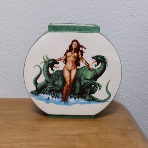 Vase - with decal of Lady with 2 dragons fired into glaze