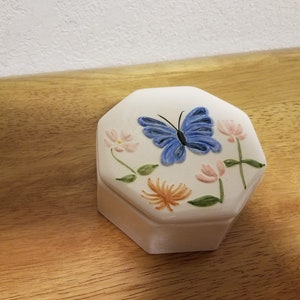 Ceramic Glazed Butterfly Octagon Ring/Jewelry Box(#1028)-hand painted Butterfly and flowers